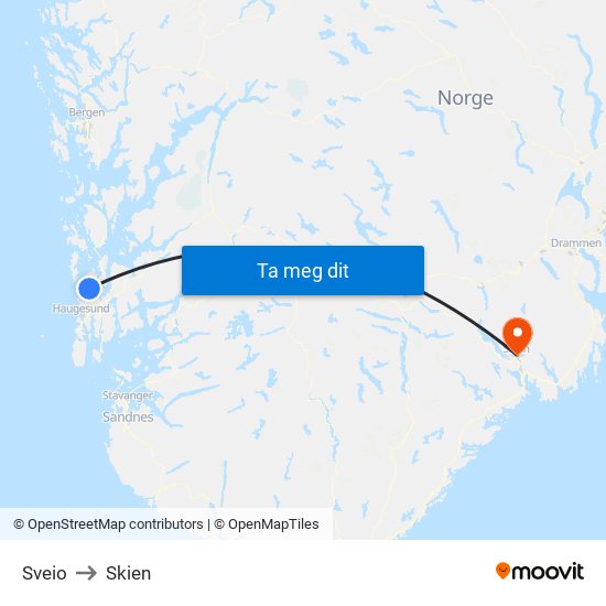 Sveio to Skien map