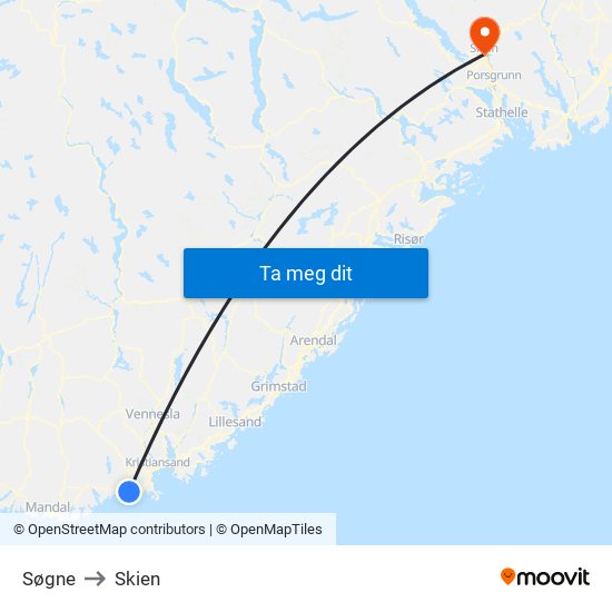 Søgne to Skien map