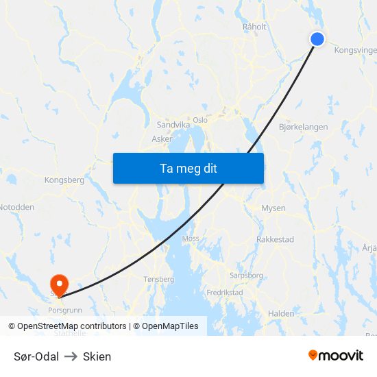 Sør-Odal to Skien map