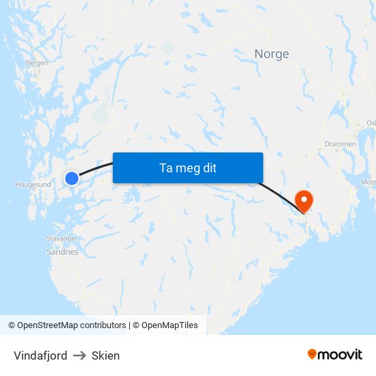 Vindafjord to Skien map