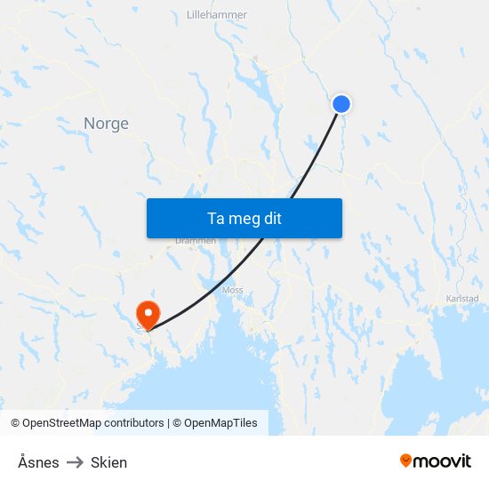 Åsnes to Skien map