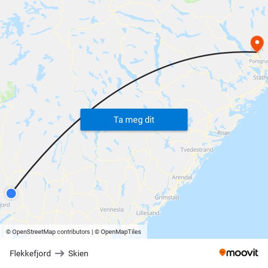 Flekkefjord to Skien map