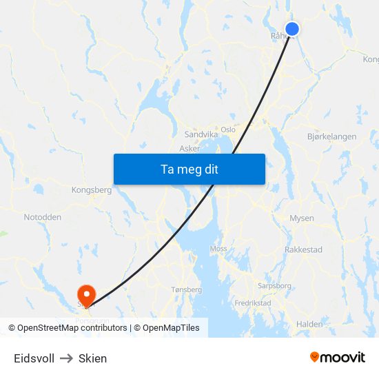 Eidsvoll to Skien map