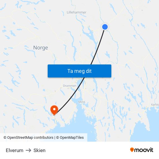 Elverum to Skien map