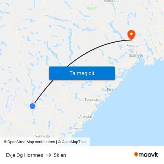 Evje Og Hornnes to Skien map