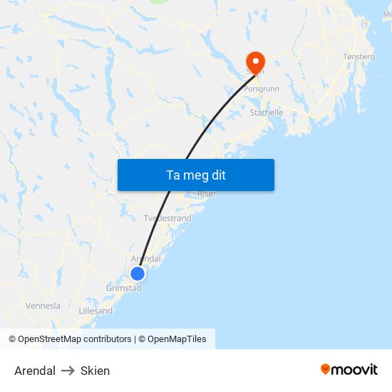 Arendal to Skien map