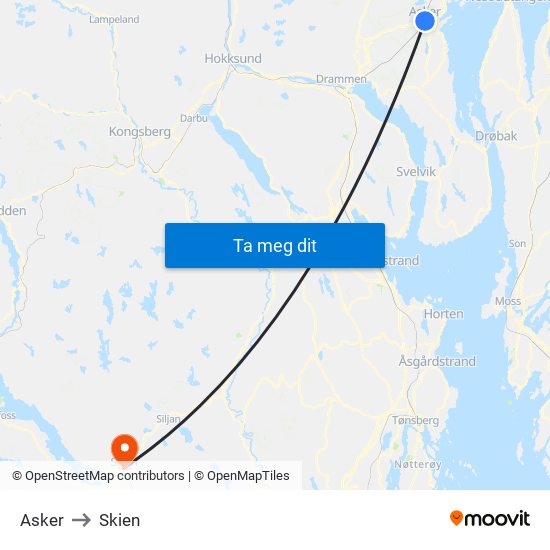 Asker to Skien map