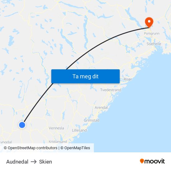 Audnedal to Skien map