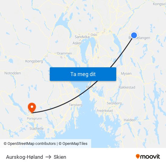 Aurskog-Høland to Skien map