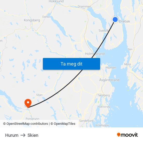 Hurum to Skien map