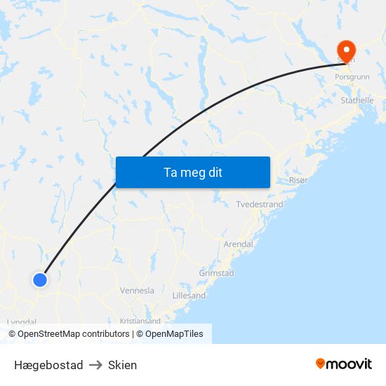 Hægebostad to Skien map