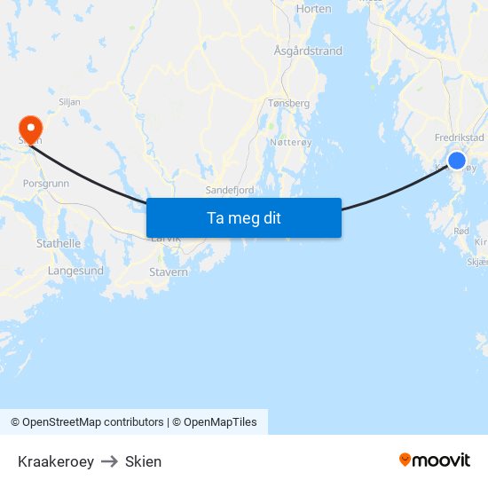 Kraakeroey to Skien map