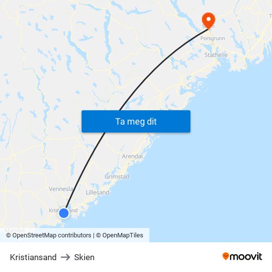 Kristiansand to Skien map