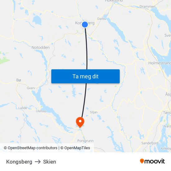 Kongsberg to Skien map