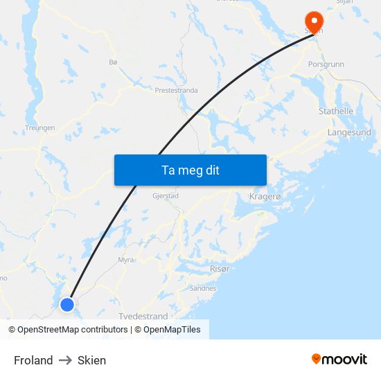 Froland to Skien map