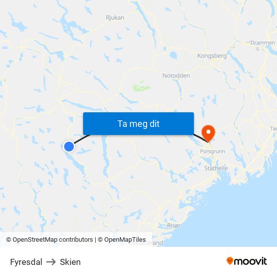 Fyresdal to Skien map