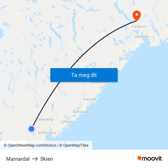 Marnardal to Skien map