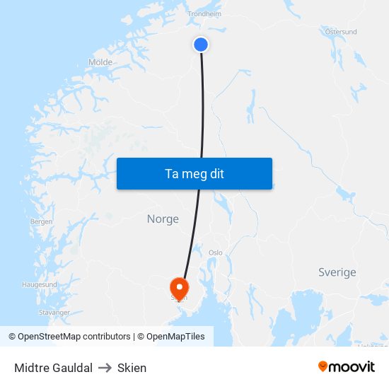 Midtre Gauldal to Skien map