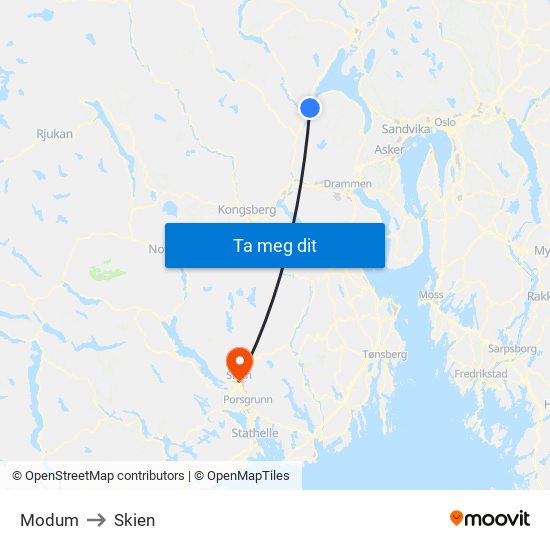 Modum to Skien map