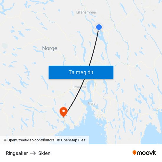 Ringsaker to Skien map