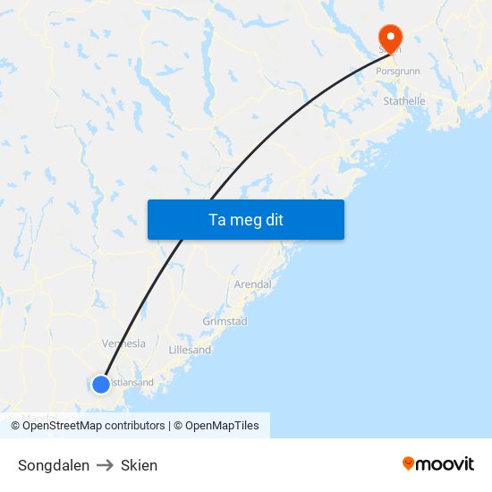 Songdalen to Skien map