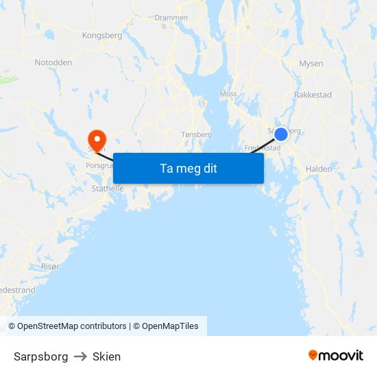 Sarpsborg to Skien map