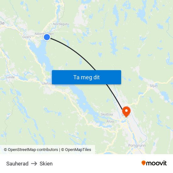 Sauherad to Skien map