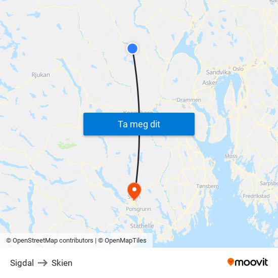 Sigdal to Skien map