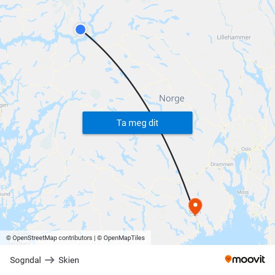 Sogndal to Skien map
