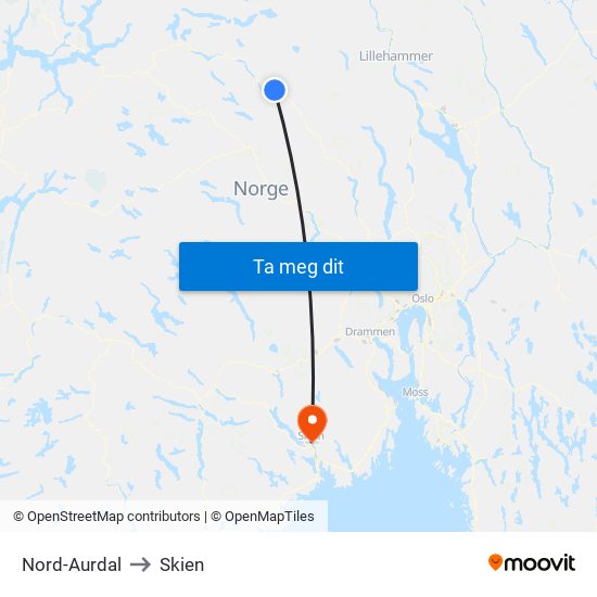 Nord-Aurdal to Skien map