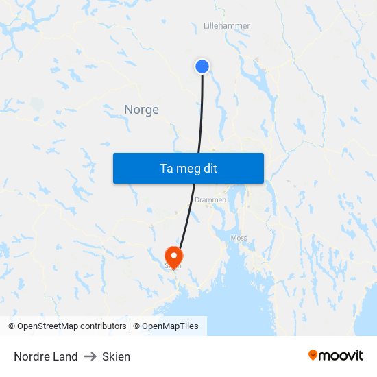 Nordre Land to Skien map