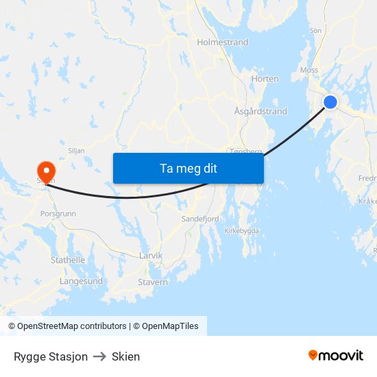 Rygge Stasjon to Skien map