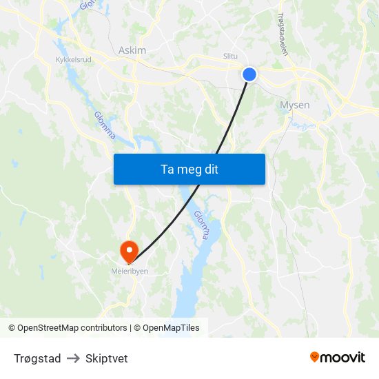 Trøgstad to Skiptvet map