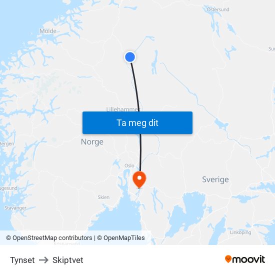 Tynset to Skiptvet map