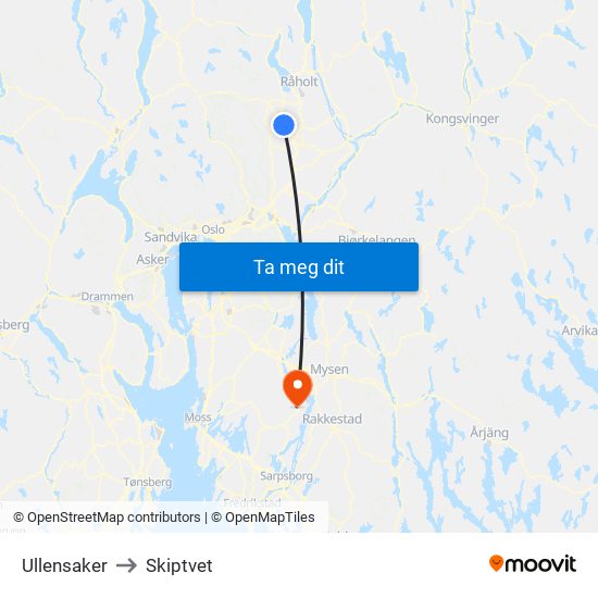 Ullensaker to Skiptvet map