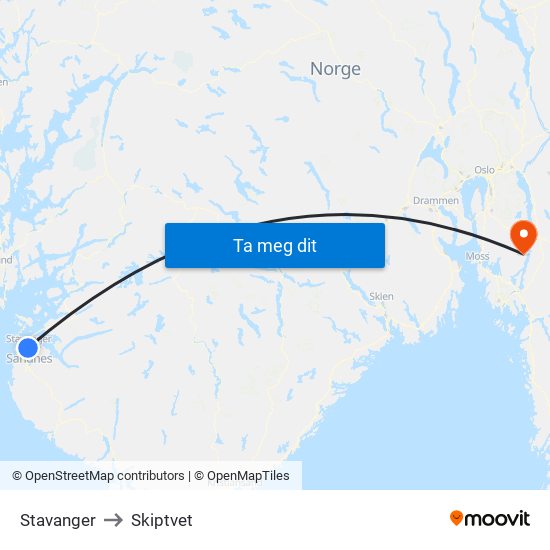 Stavanger to Skiptvet map