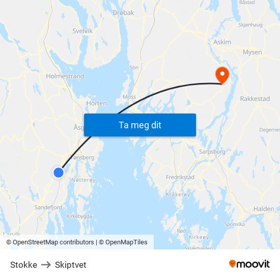 Stokke to Skiptvet map