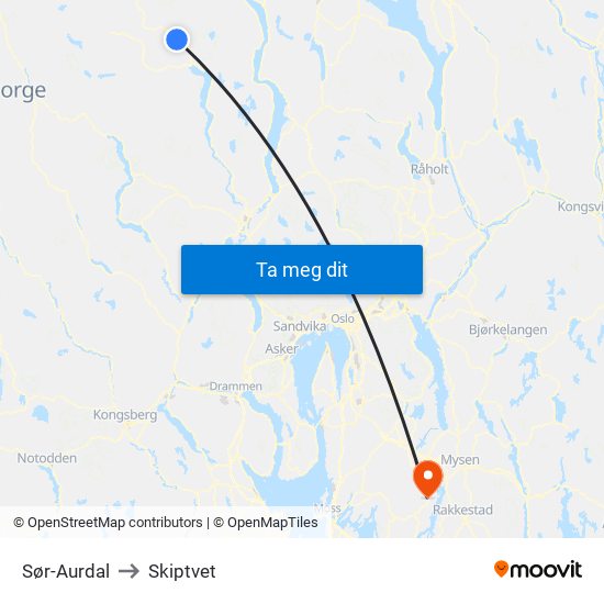 Sør-Aurdal to Skiptvet map