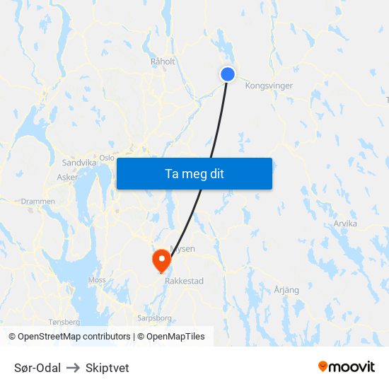 Sør-Odal to Skiptvet map