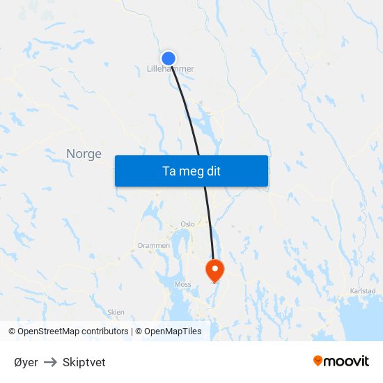 Øyer to Skiptvet map