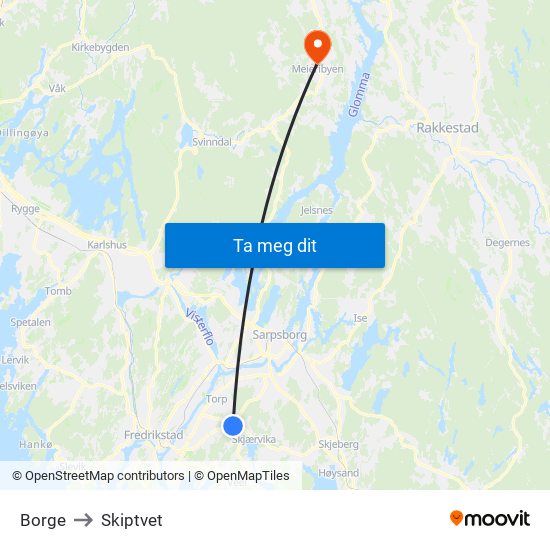 Borge to Skiptvet map