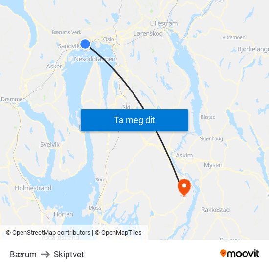 Bærum to Skiptvet map