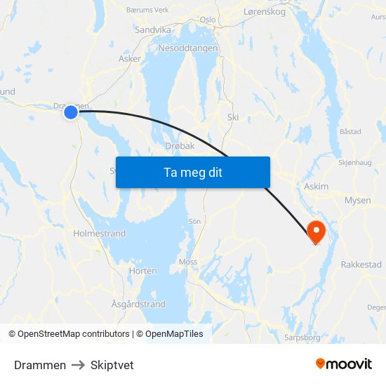 Drammen to Skiptvet map
