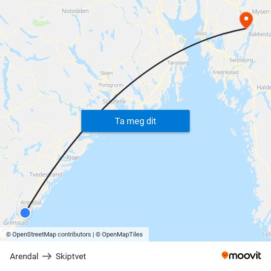 Arendal to Skiptvet map
