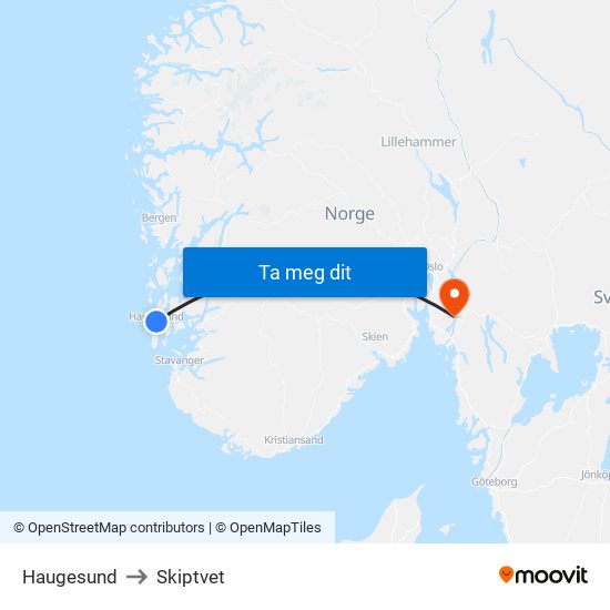 Haugesund to Skiptvet map