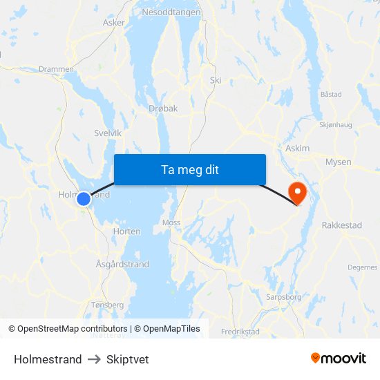 Holmestrand to Skiptvet map