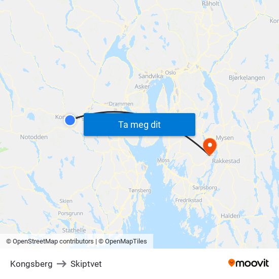 Kongsberg to Skiptvet map