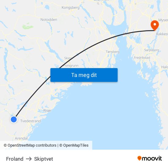 Froland to Skiptvet map