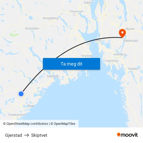 Gjerstad to Skiptvet map