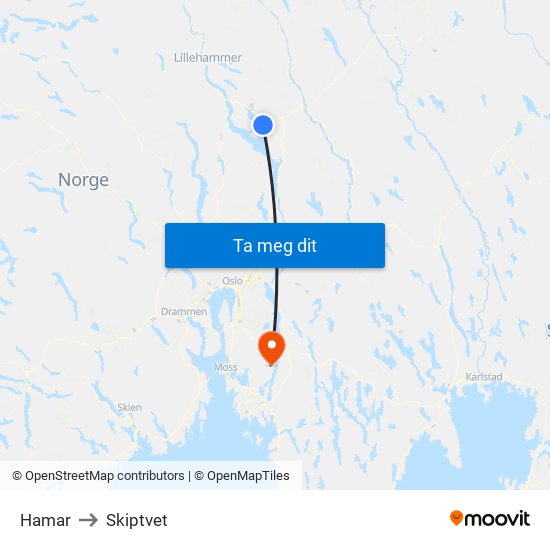 Hamar to Skiptvet map